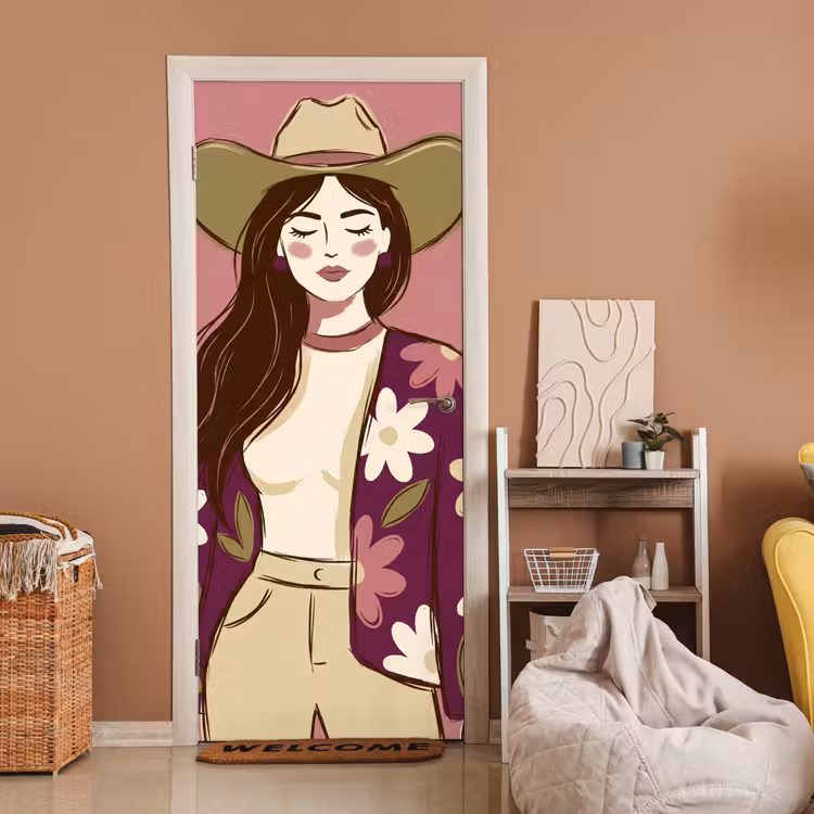 Deursticker - Vrouw - Hoed - Portret - Illustratie - Roze — 2