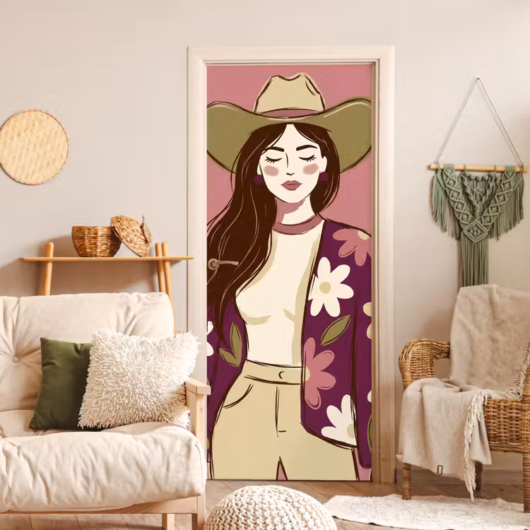 Deursticker - Vrouw - Hoed - Portret - Illustratie - Roze — 4