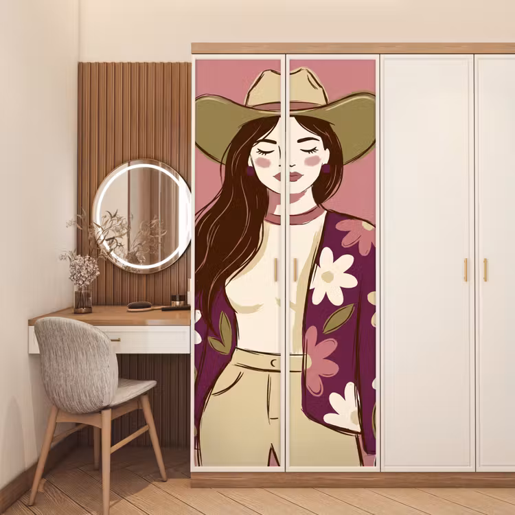Deursticker - Vrouw - Hoed - Portret - Illustratie - Roze — 5