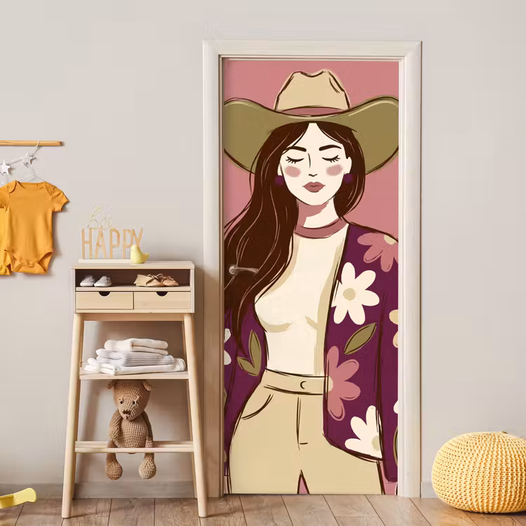 Deursticker - Vrouw - Hoed - Portret - Illustratie - Roze — 6