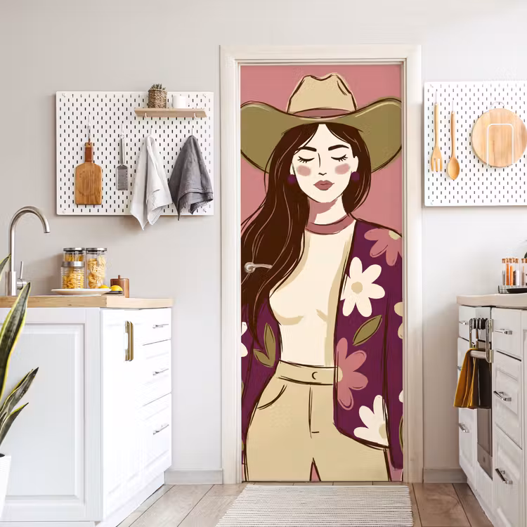 Deursticker - Vrouw - Hoed - Portret - Illustratie - Roze — 7