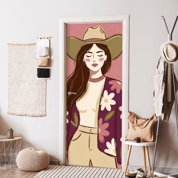 Deursticker - Vrouw - Hoed - Portret - Illustratie - Roze — 8