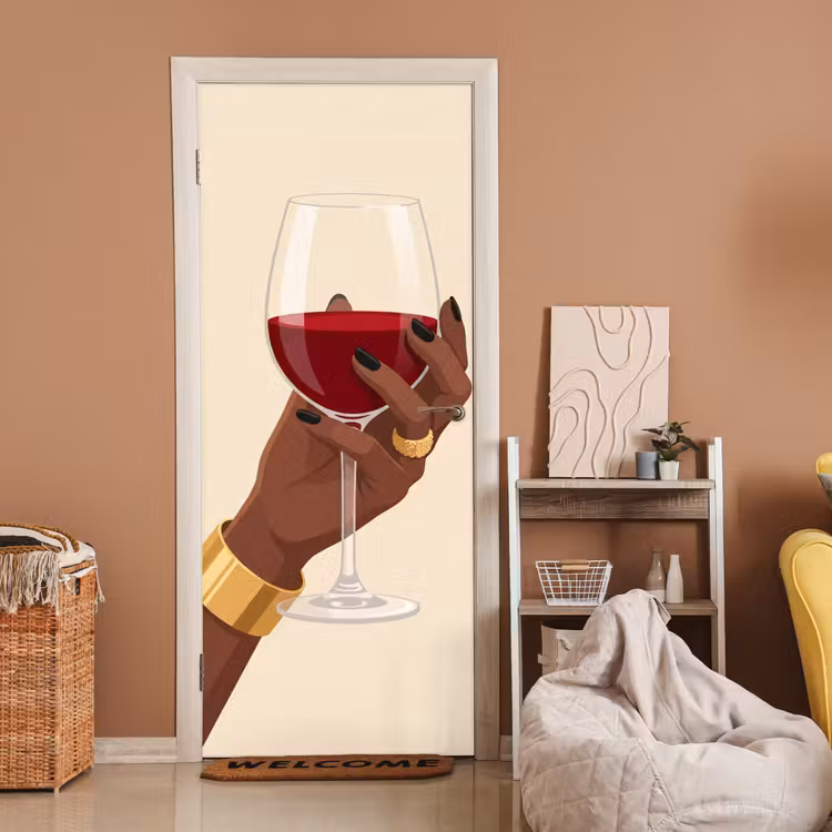 Deursticker - Vrouw - Wijn - Glas - Illustratie - Rood — 2