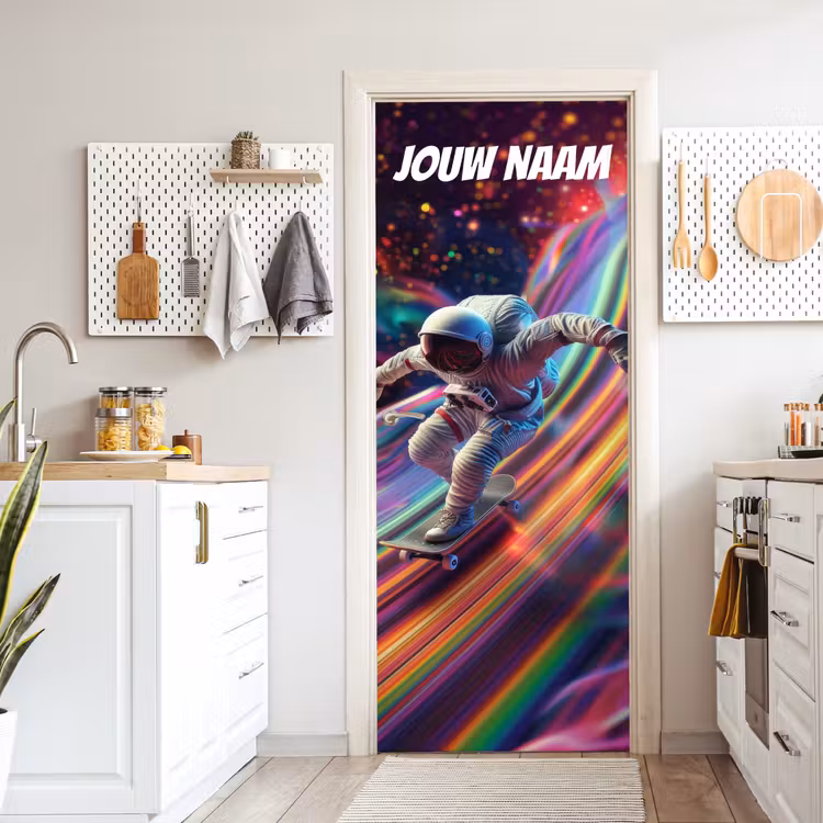 Deursticker met naam - Astronaut - Skateboard - Regenboogkleuren — 7