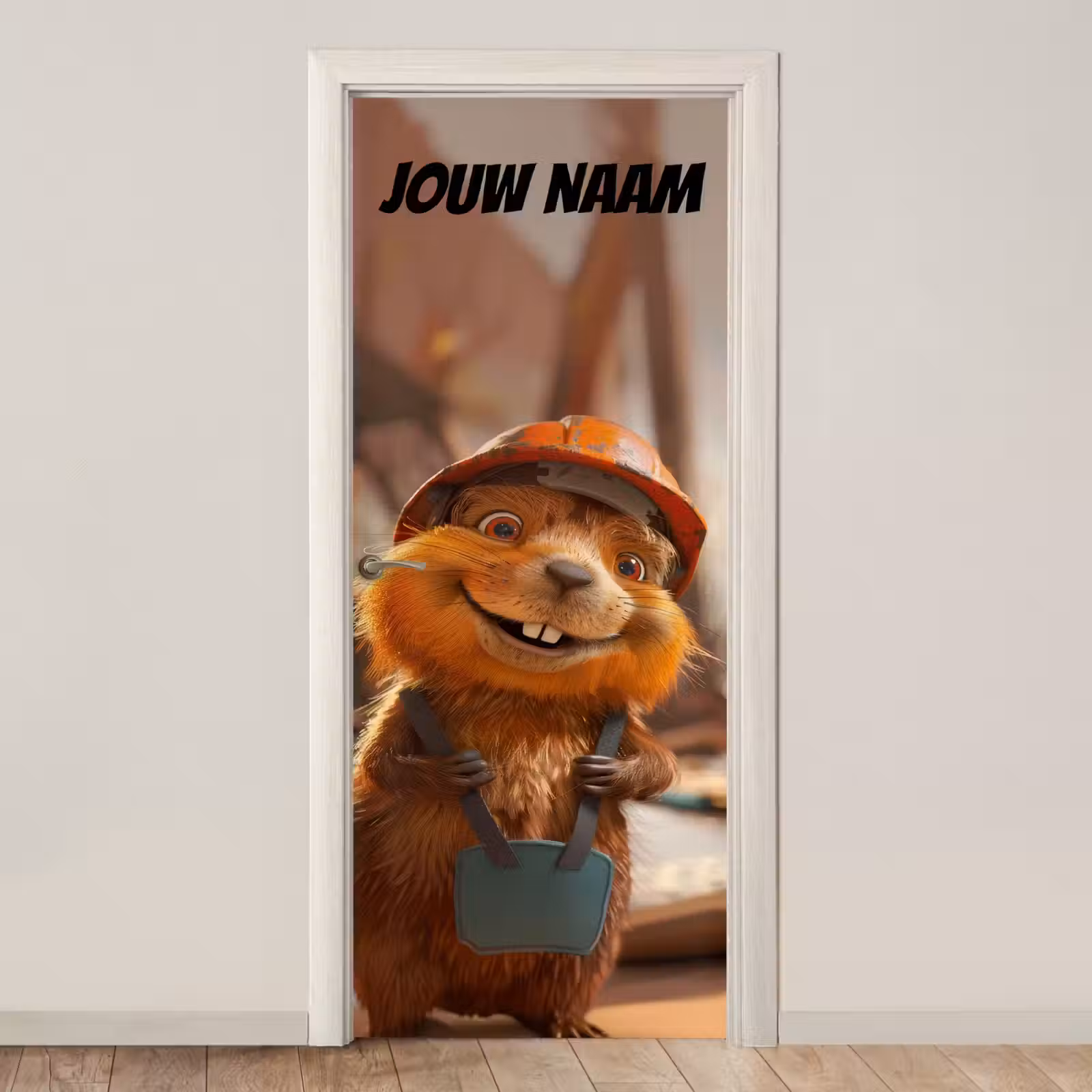 Deursticker met naam - Bever - Bouwhelm - Bruin — 1