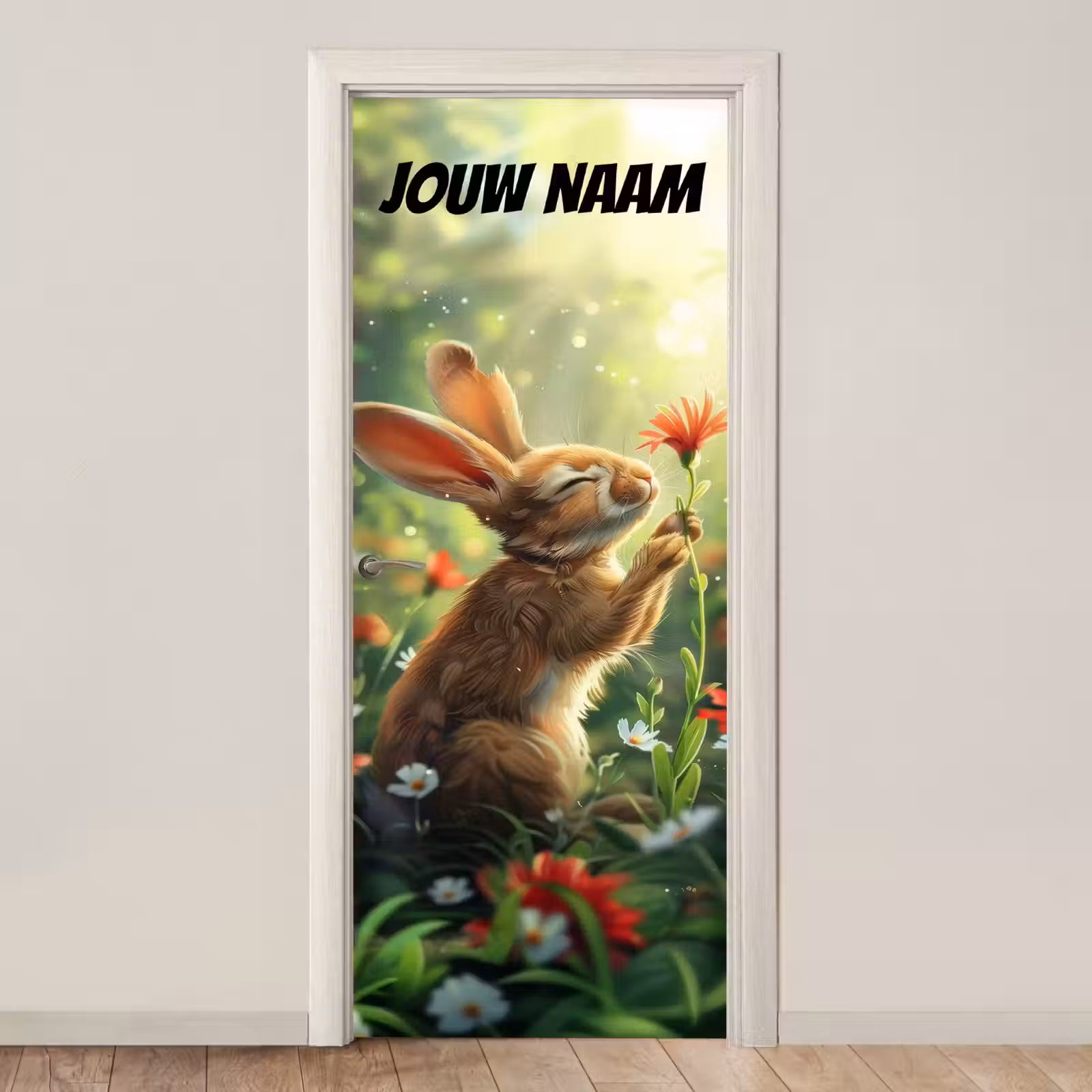 Deursticker met naam - Konijntje - Bloem - Zonlicht — 1