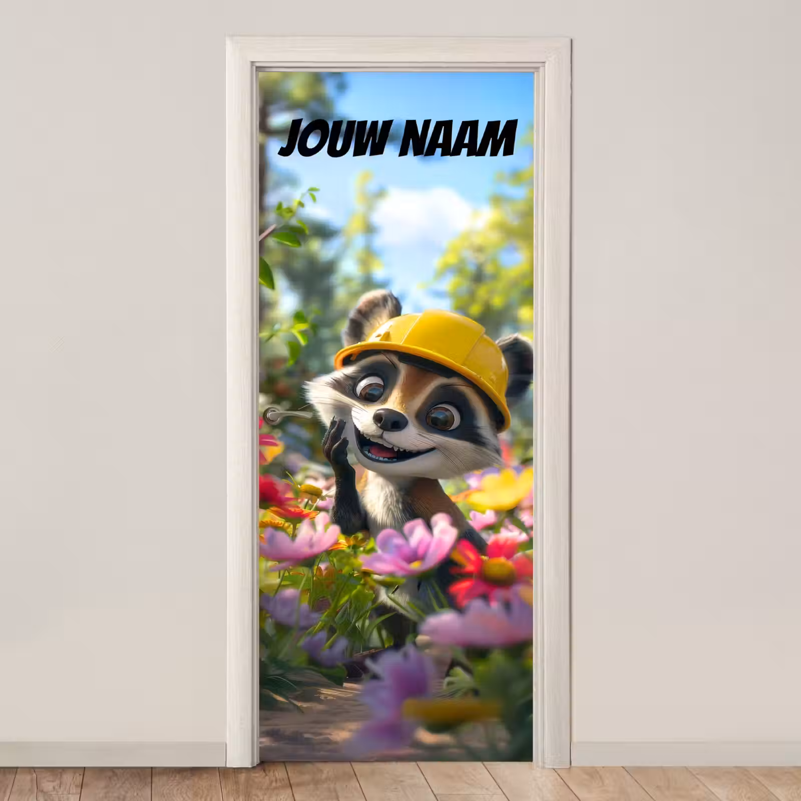 Deursticker met naam - Wasbeer - Bouwhelm - Geel — 1