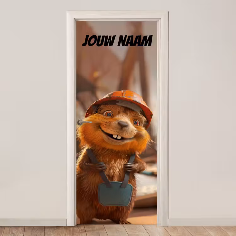 Deursticker met naam - Bever - Bouwhelm - Bruin — 1
