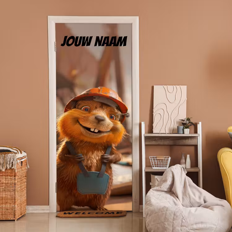 Deursticker met naam - Bever - Bouwhelm - Bruin — 2