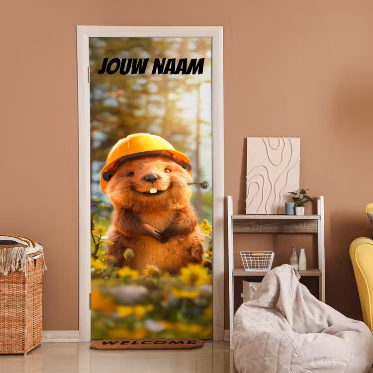 Deursticker met naam - Bever - Bouwhelm - Geel — 2