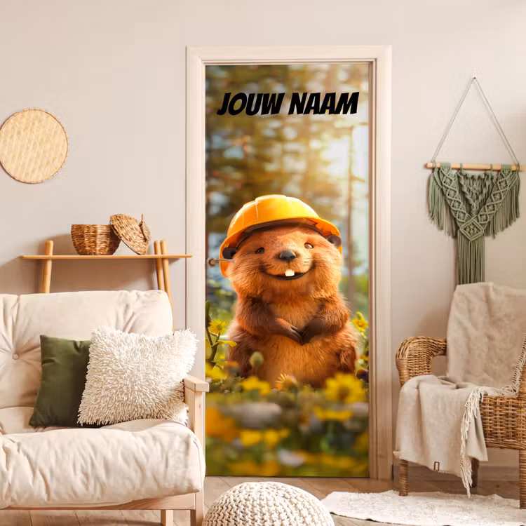 Deursticker met naam - Bever - Bouwhelm - Geel — 4