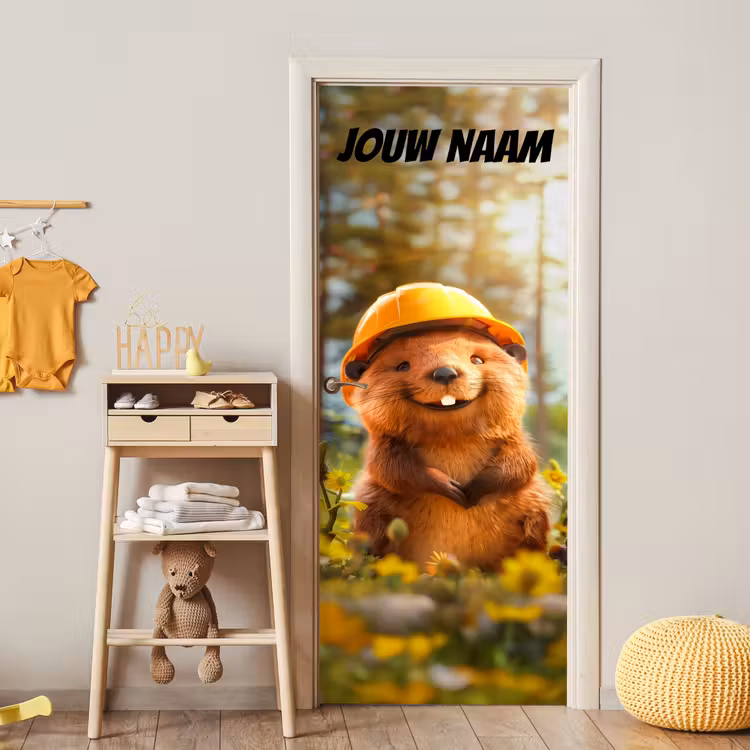Deursticker met naam - Bever - Bouwhelm - Geel — 6
