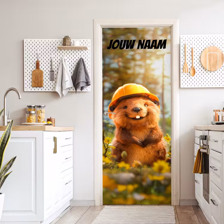 Deursticker met naam - Bever - Bouwhelm - Geel — 7