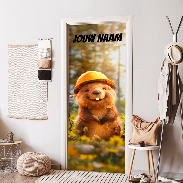 Deursticker met naam - Bever - Bouwhelm - Geel — 8