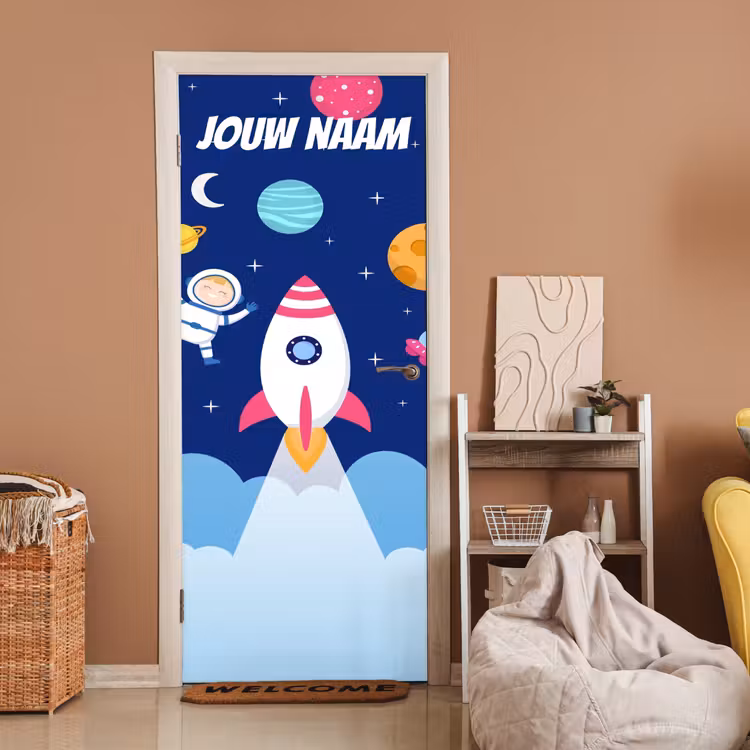 Deursticker met naam - Cartoon - Raket - Blauw — 2