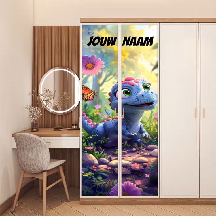 Deursticker met naam - Dinosaurus - bloemenveld - Kleurrijk — 5