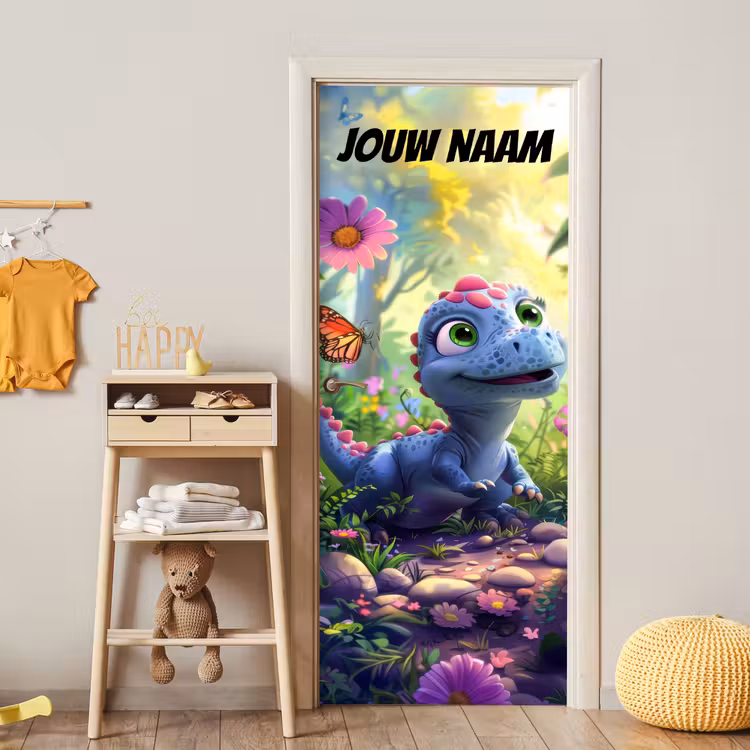 Deursticker met naam - Dinosaurus - bloemenveld - Kleurrijk — 6