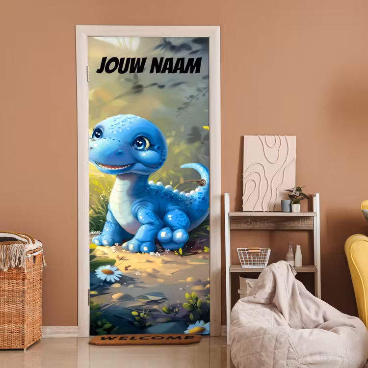 Deursticker met naam - Dinosaurus - Bos - Blauw — 2