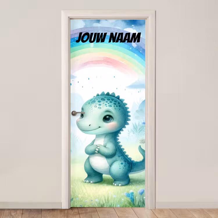 Deursticker met naam - Dinosaurus - Regenboog - Groen — 1