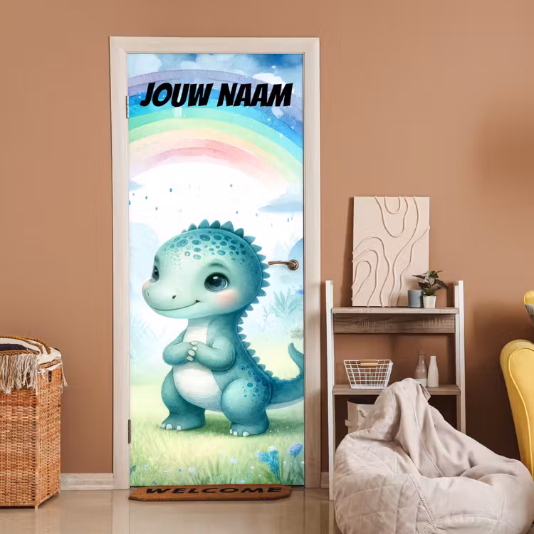 Deursticker met naam - Dinosaurus - Regenboog - Groen — 2