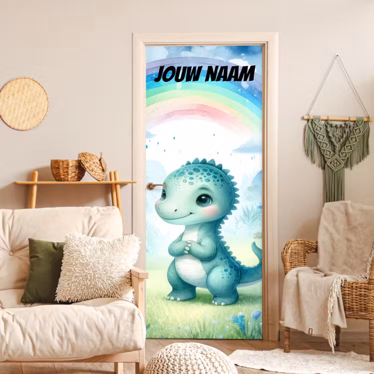 Deursticker met naam - Dinosaurus - Regenboog - Groen — 4
