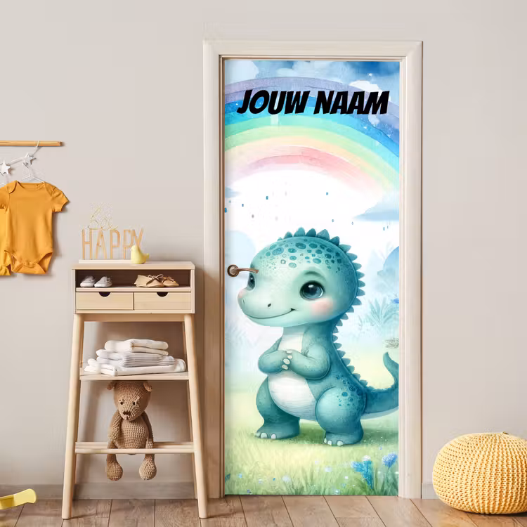 Deursticker met naam - Dinosaurus - Regenboog - Groen — 6