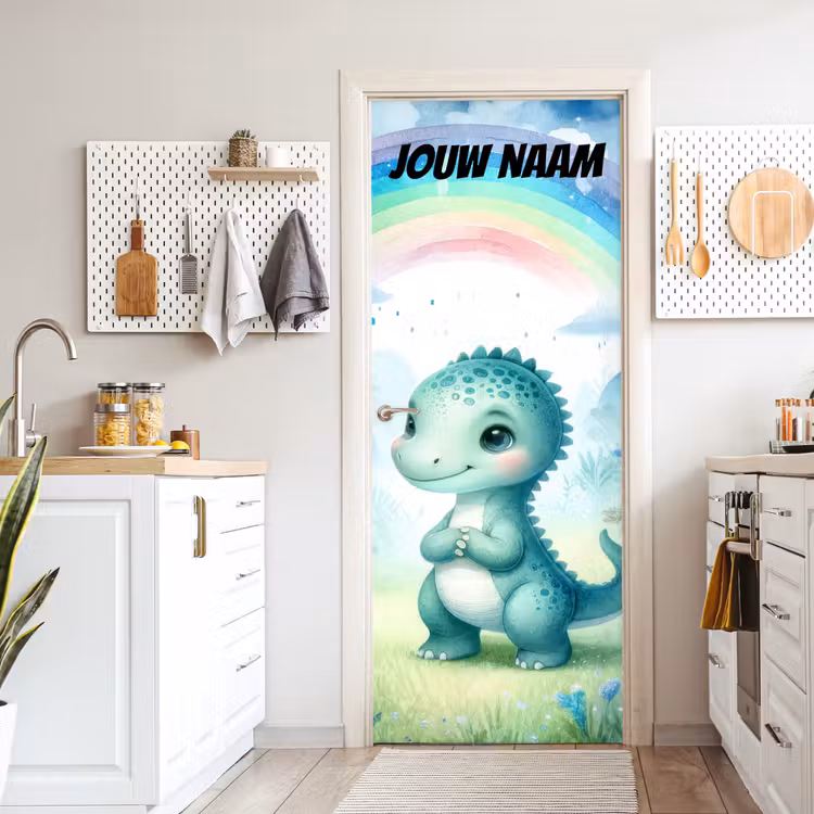 Deursticker met naam - Dinosaurus - Regenboog - Groen — 7