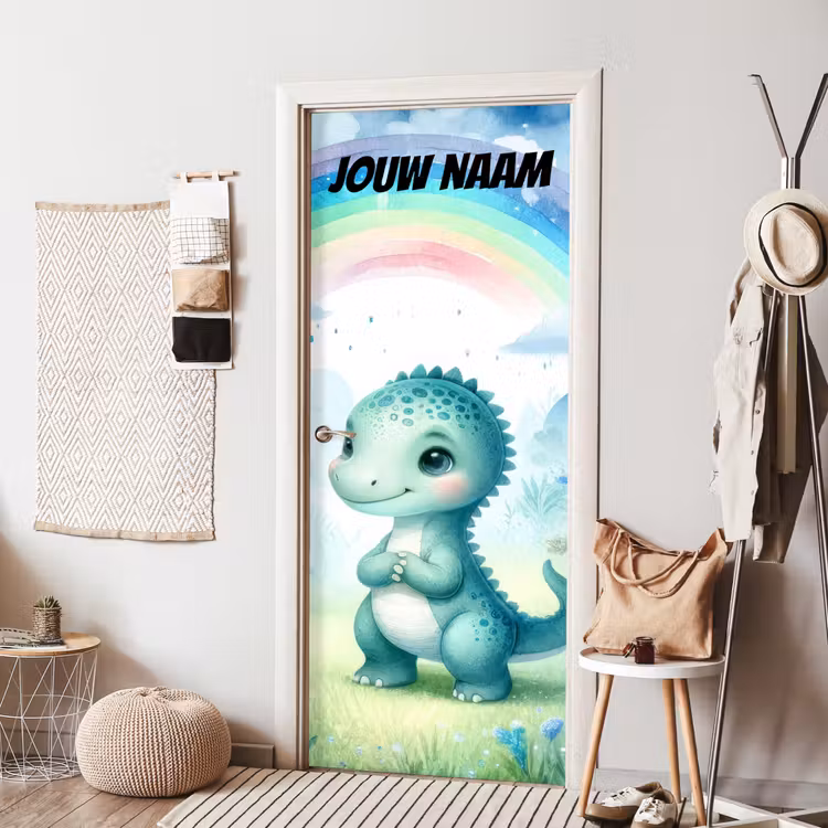 Deursticker met naam - Dinosaurus - Regenboog - Groen — 8