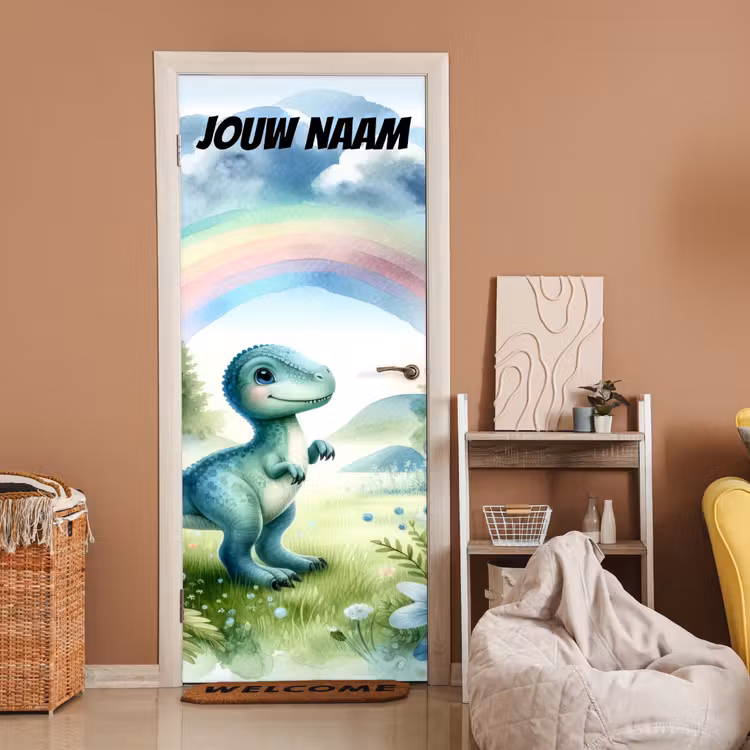 Deursticker met naam - Dinosaurus - Regenboog - Kleurrijk — 2