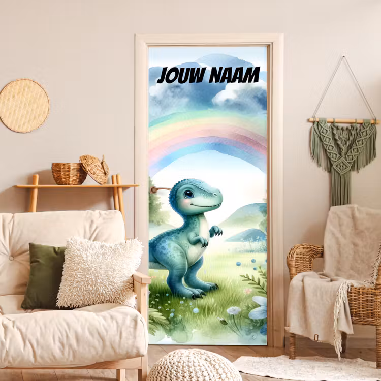 Deursticker met naam - Dinosaurus - Regenboog - Kleurrijk — 4