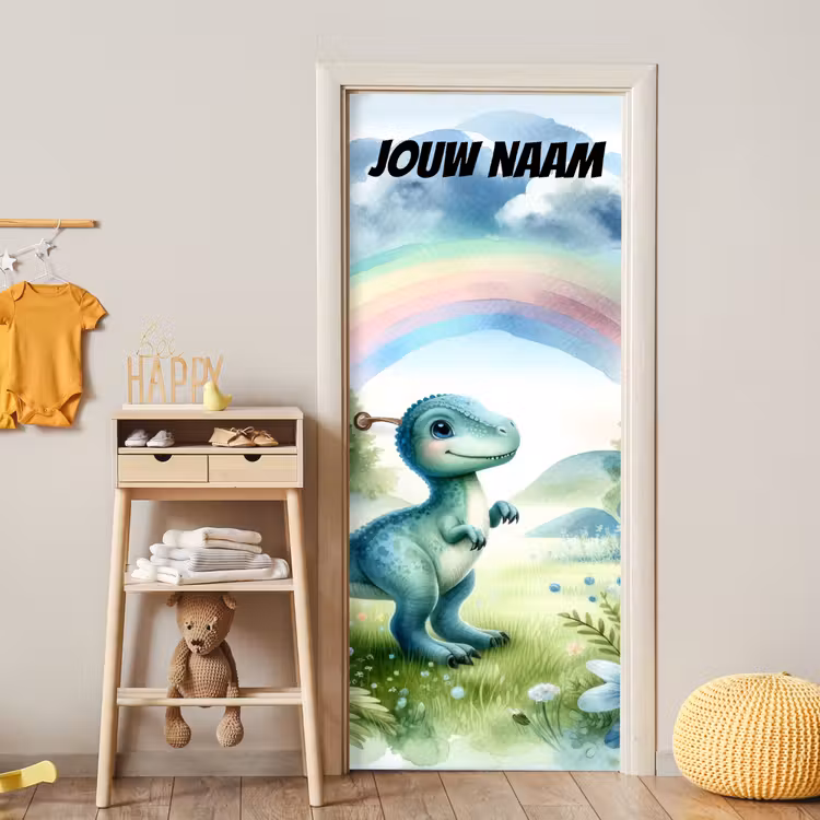 Deursticker met naam - Dinosaurus - Regenboog - Kleurrijk — 6