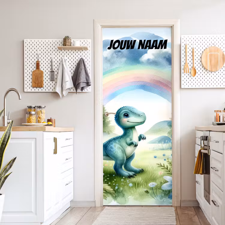 Deursticker met naam - Dinosaurus - Regenboog - Kleurrijk — 7