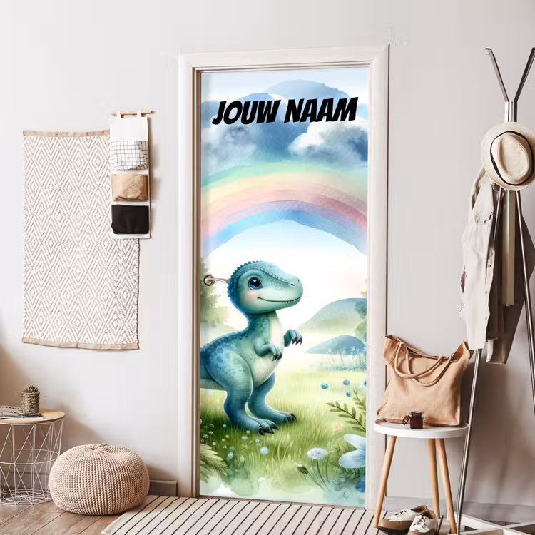 Deursticker met naam - Dinosaurus - Regenboog - Kleurrijk — 8