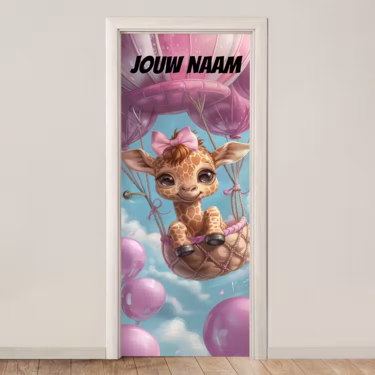 Deursticker met naam - Giraffe - Luchtballon - Roze — 1
