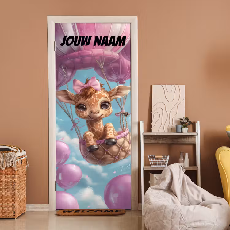 Deursticker met naam - Giraffe - Luchtballon - Roze — 2