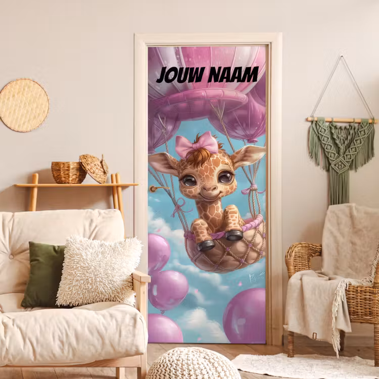 Deursticker met naam - Giraffe - Luchtballon - Roze — 4