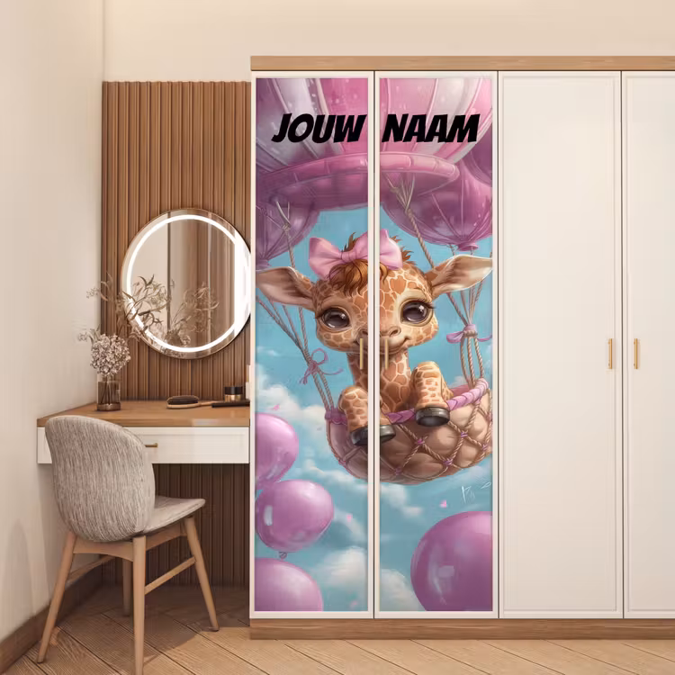 Deursticker met naam - Giraffe - Luchtballon - Roze — 5