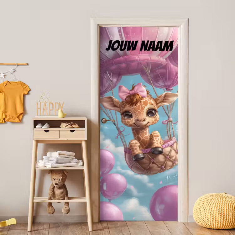 Deursticker met naam - Giraffe - Luchtballon - Roze — 6