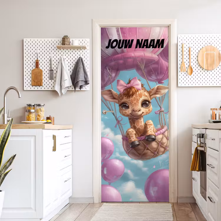 Deursticker met naam - Giraffe - Luchtballon - Roze — 7