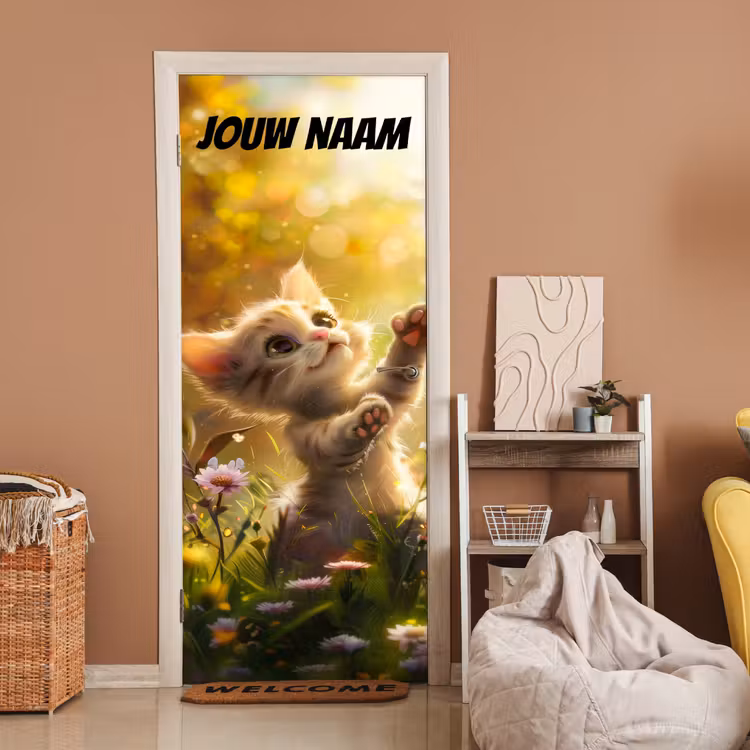 Deursticker met naam - Kitten - Bloemenveld - Zon — 2