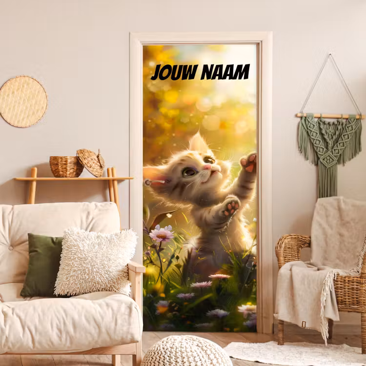 Deursticker met naam - Kitten - Bloemenveld - Zon — 4