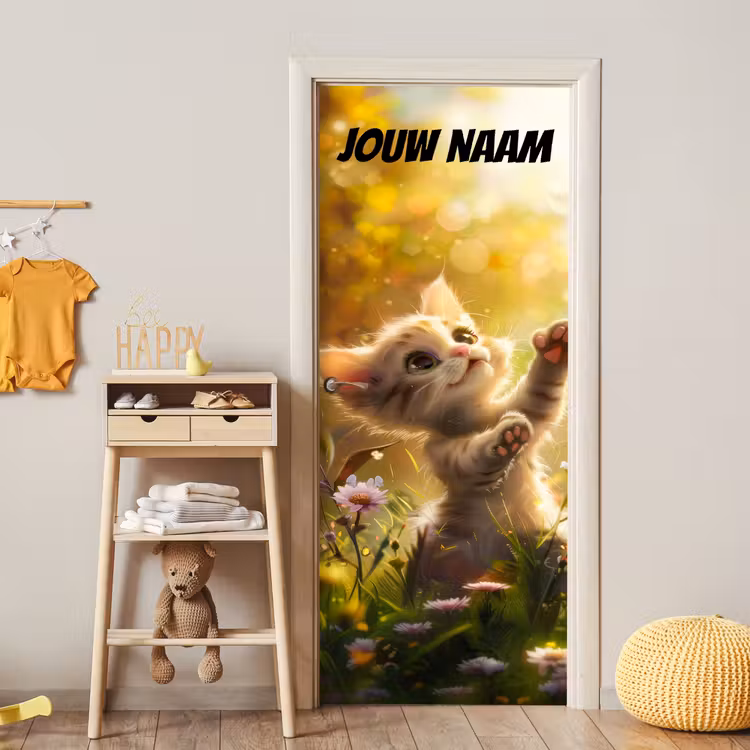 Deursticker met naam - Kitten - Bloemenveld - Zon — 6
