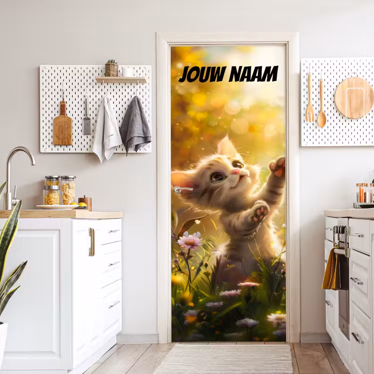 Deursticker met naam - Kitten - Bloemenveld - Zon — 7