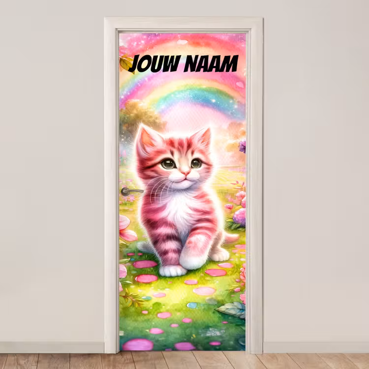 Deursticker met naam - Kitten - Regenboog - Roze — 1