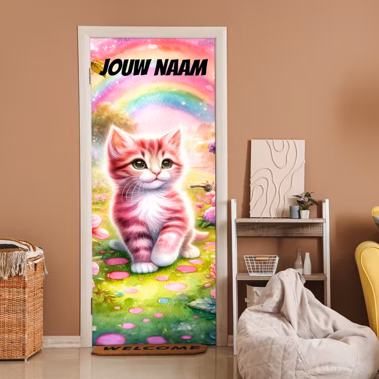 Deursticker met naam - Kitten - Regenboog - Roze — 2