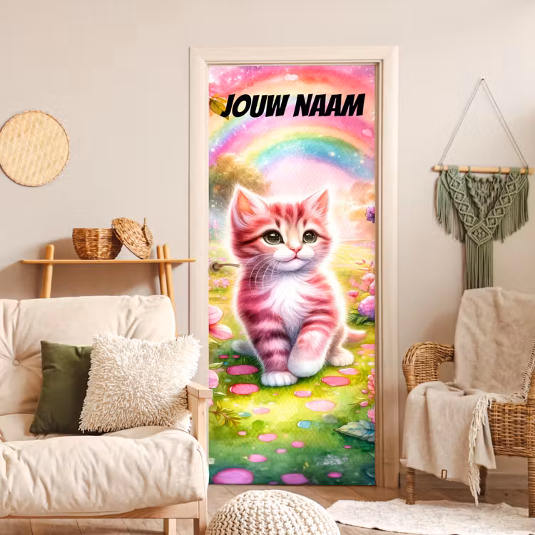 Deursticker met naam - Kitten - Regenboog - Roze — 4