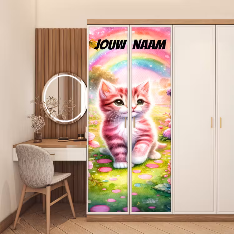 Deursticker met naam - Kitten - Regenboog - Roze — 5