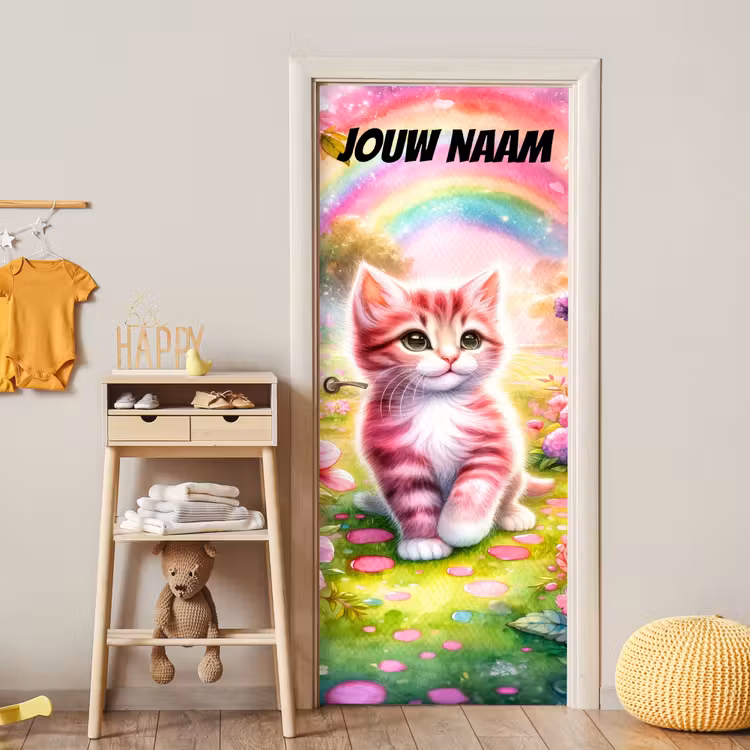 Deursticker met naam - Kitten - Regenboog - Roze — 6