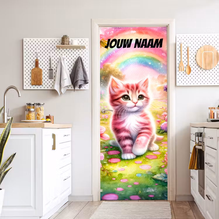Deursticker met naam - Kitten - Regenboog - Roze — 7