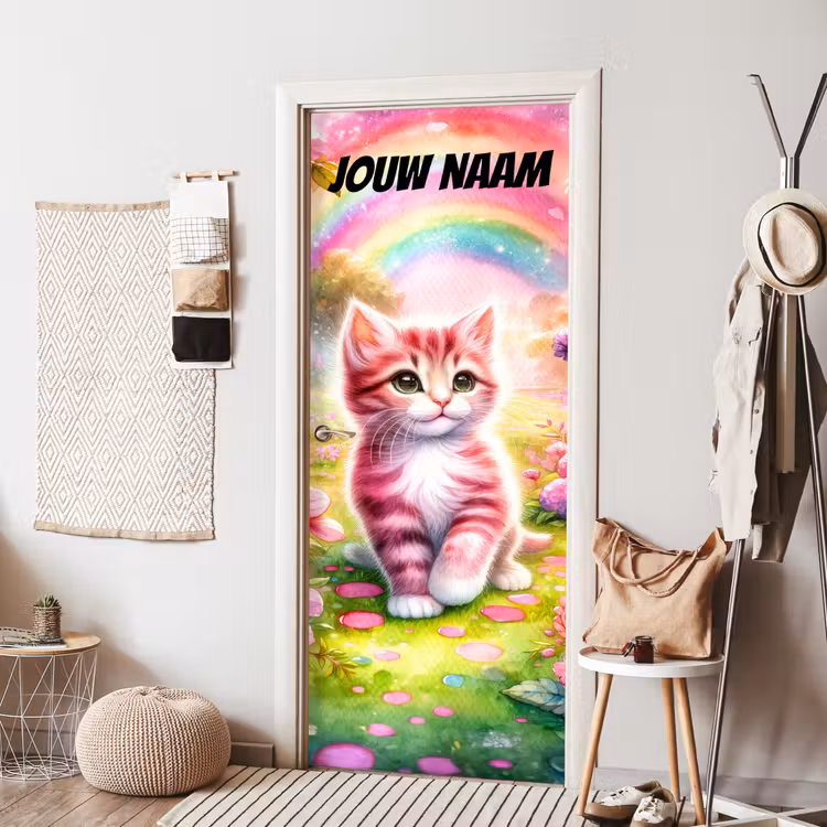 Deursticker met naam - Kitten - Regenboog - Roze — 8